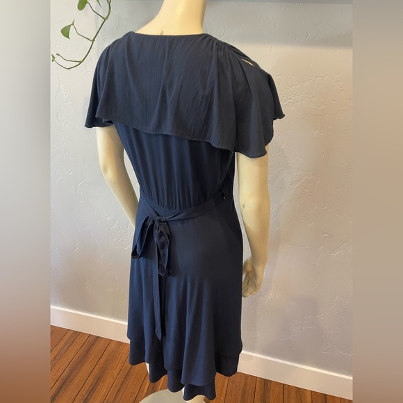 Women’s retro navy blue ruffled wrap midi dress size small - Picture 3 of 6